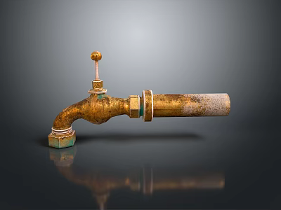 Golden Faucet as Daily Necessity With Knob Worn Surface and Green Base 3d model