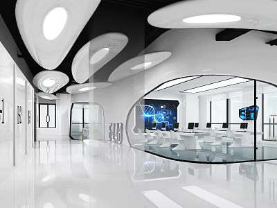 Futuristic Modern Laboratory Interior With Bright Lighting Workstations Computer Screens And Glass Partitions 3d model