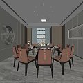 Elegant Private Dining Room With Round Table Orange Chairs And Decorative Wall Art 3d model