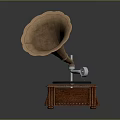Vintage Gramophone With Brass Horn Vinyl Record And Carved Wooden Base