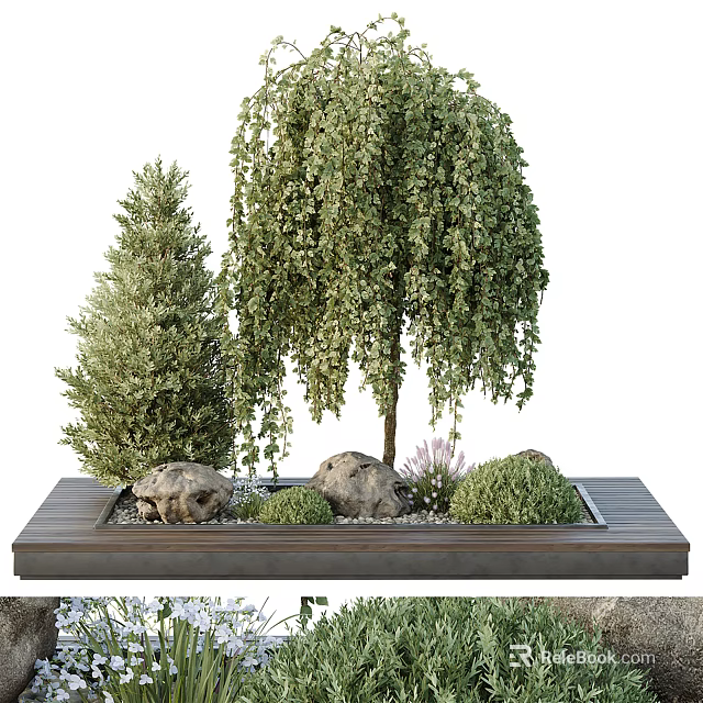 Bonsai Plants Featuring Weeping Willow Pine Tree Stones Small Green Shrubs On Wooden Tray 3d model 