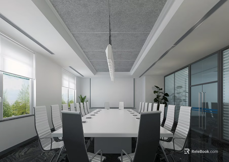 Modern Conference Room Interior With Long Table Chairs Windows Plants And Glass Doors 3d model 