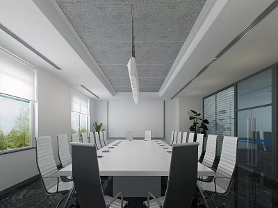 Modern Conference Room Interior With Long Table Chairs Windows Plants And Glass Doors 3d model