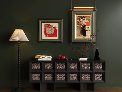 Elegant Entryway Interior With Black Console Table Patterned Drawers Framed Artworks Floor Lamp And Decor 3d model