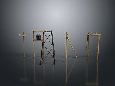 Metal Stands With Various Structures Yellow Brown Color Basket And Reflective Floor 3d model