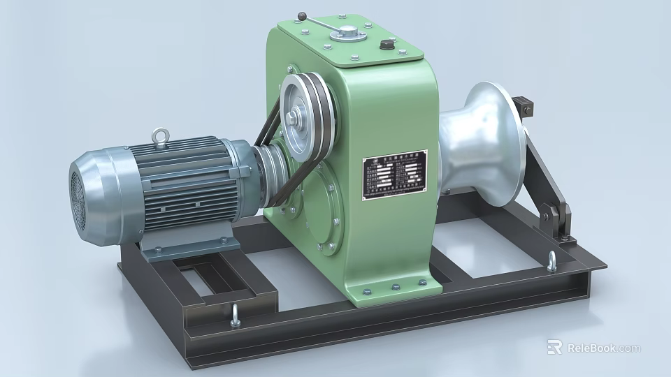 Industrial Winch Machine With Green Body Silver Drum Electric Motor And Metal Base 3d model 