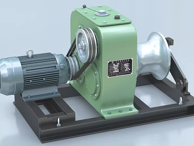 Industrial Winch Machine With Green Body Silver Drum Electric Motor And Metal Base 3d model
