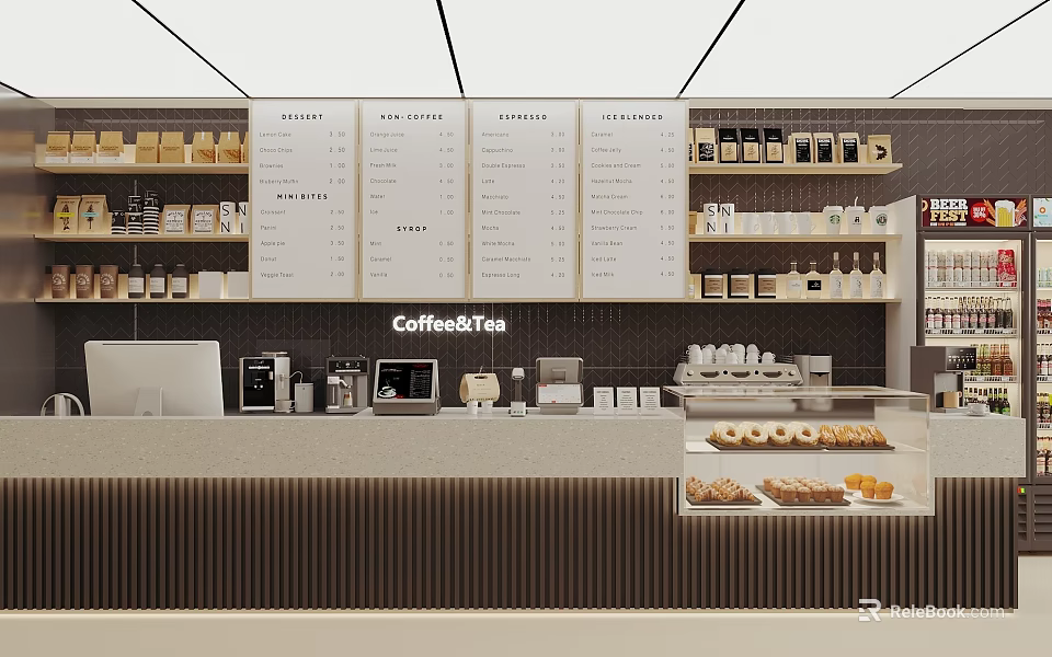 Modern Cafe Interior With Counter Menu Boards Coffee Machines And Pastries 3d model 