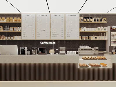 Modern Cafe Interior With Counter Menu Boards Coffee Machines And Pastries 3d model