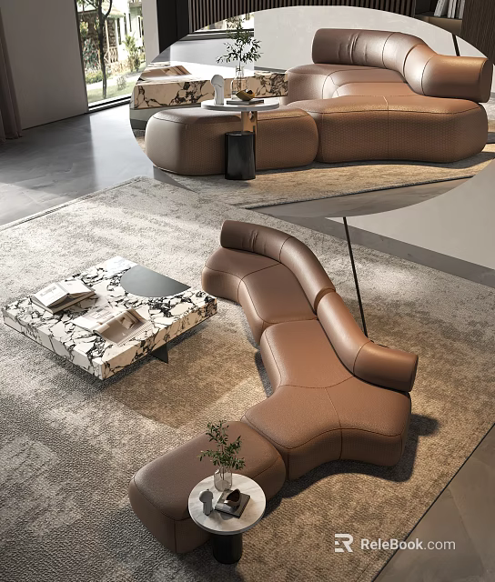 Modern Living Room With Brown Leather Sectional Sofa And Marble Coffee Table 3d model