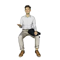 Man Sitting in White Shirt Khaki Pants Brown Shoes Holding Dark Coat With Smiling Face 3d model