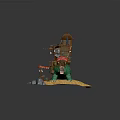 Cartoon Scene With Multi Level Wooden Building Red Roofs Green Vines Wooden Platform And Stones