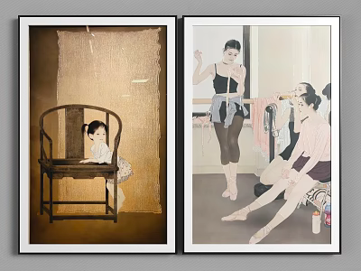 Framed Wall Art Featuring Little Girl On Wooden Chair And Ballerinas Dancing Scene 3d model