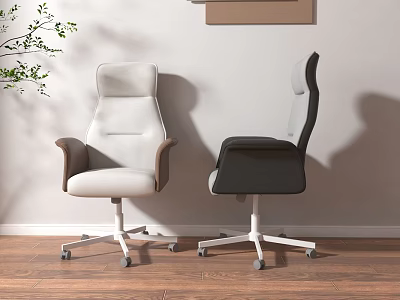 Light And Dark Office Chairs With High Back Armrests On Wooden Floor 3d model