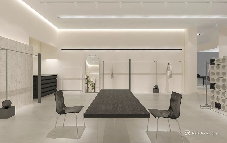 Modern Clothing Store Interior With Clothing Racks Wooden Table And Black Chairs 3d model 