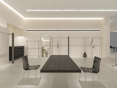 Modern Clothing Store Interior With Clothing Racks Wooden Table And Black Chairs 3d model