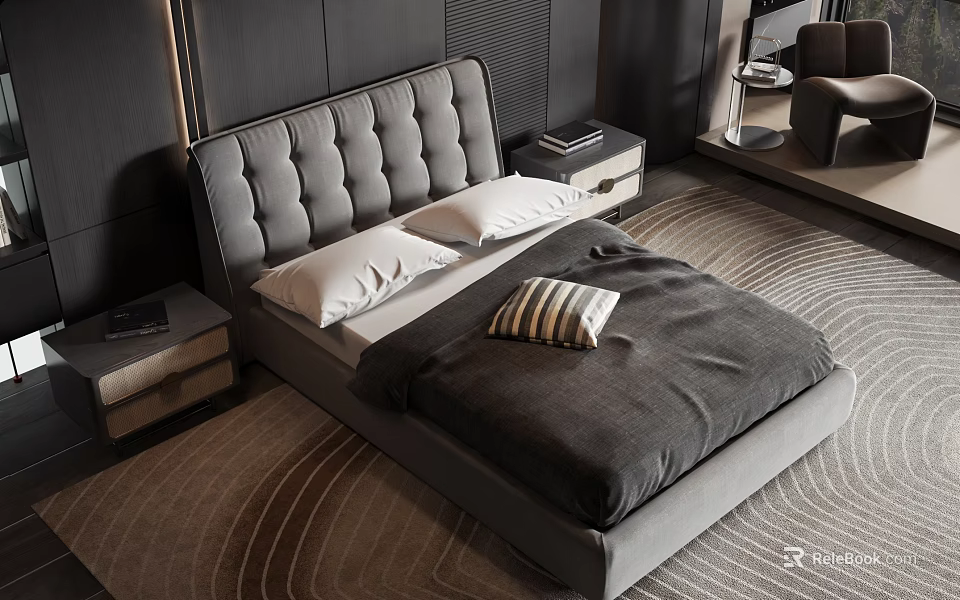 Modern Double Bed With Tufted Headboard Dark Bedding White Pillows And Wooden Nightstands 3d model 