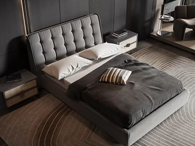 Modern Double Bed With Tufted Headboard Dark Bedding White Pillows And Wooden Nightstands 3d model