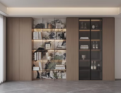 Modern Study Room Interior With Wooden Cabinets Glass Shelves Books And Decorative Items 3d model