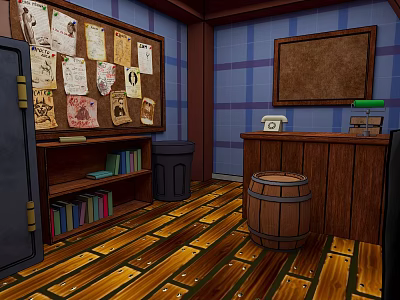 Cozy Office Interior Design With Blue Plaid Walls Bulletin Board Wooden Counter Telephone And Bookshelf 3d model
