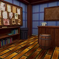 Cozy Office Interior Design With Blue Plaid Walls Bulletin Board Wooden Counter Telephone And Bookshelf