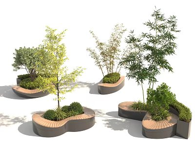 Curved Modern Tree Planters Landscape Design With Wooden Edges Green Trees Shrubs 3d model