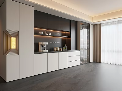 Modern Sideboard Design With White Black Cabinets Open Shelves And Appliances In Bright Dining Area 3d model
