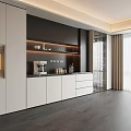 Modern Sideboard Design With White Black Cabinets Open Shelves And Appliances In Bright Dining Area