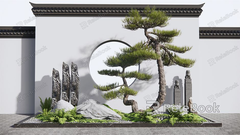 New Chinese style landscape sketch courtyard landscape sketch landscape stone welcome pine landscape tree landscape wall moss plant landscape model