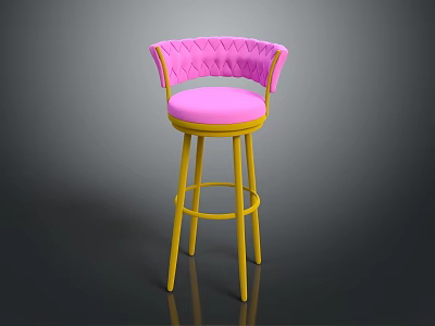 Stylish Pink Upholstered Bar Stool With Yellow Metal Legs And Diamond Stitching Backrest 3d model