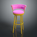 Stylish Pink Upholstered Bar Stool With Yellow Metal Legs And Diamond Stitching Backrest
