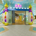 Colorful Kids Clothing Store Interior With Train Design Arched Windows And Bright Floor Tiles