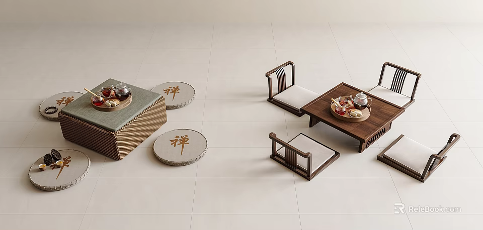 Traditional Wooden Tea Table and Chairs with Tea Sets and Zen Cushions 3d model 