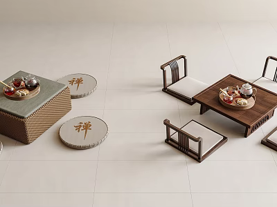 Traditional Wooden Tea Table and Chairs with Tea Sets and Zen Cushions 3d model