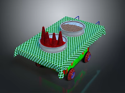 Cart With Green Checkered Cloth Red Cones Granular Substance Red Wheels Green Lights 3d model