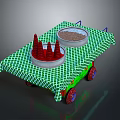 Cart With Green Checkered Cloth Red Cones Granular Substance Red Wheels Green Lights