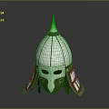 Ancient Spiked Silver Helmet With Green Face Guard And Brown Ear Flaps