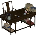 Traditional Wooden Desk With Stacked Books Inkstone Brush And Lower Shelves