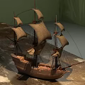 Wooden Sailboat Model With Multiple Sails And Detailed Hull On Indoor Floor