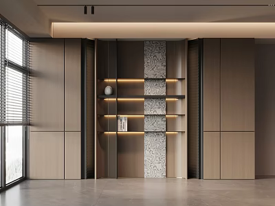 Modern Minimalist Wooden Built In Bookcase With Warm Ambient LED Lights And Functional Display Shelves 3d model