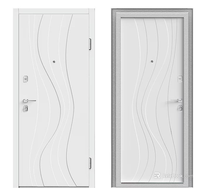 Modern White Interior Hinged Door with Wavy Line Design and Sleek Handle 3d model 