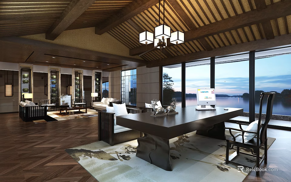 Chinese Style Office Interior With Wooden Ceiling Chandelier Large Windows And Desk 3d model 