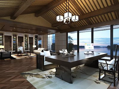 Chinese Style Office Interior With Wooden Ceiling Chandelier Large Windows And Desk 3d model