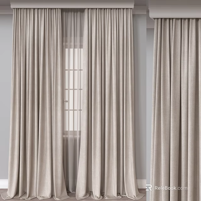 Elegant Soft Beige Curtains With Textured Design And Sheer Layer For Modern Room Window 3d model 