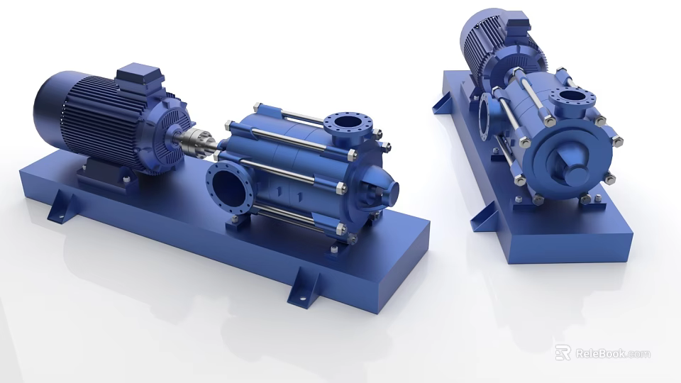 Blue Horizontal Multistage Industrial Pumps with Motor Drive and Base Mounting 3d model 
