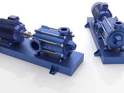 Blue Horizontal Multistage Industrial Pumps with Motor Drive and Base Mounting 3d model