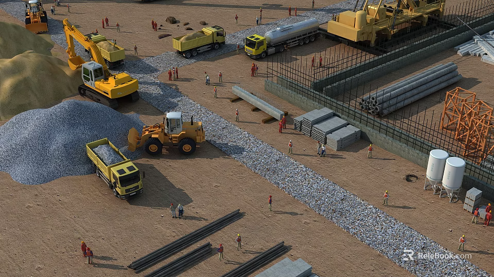 Busy Construction Site With Heavy Machinery Workers And Various Building Materials For Large Infrastructure Project 3d model 