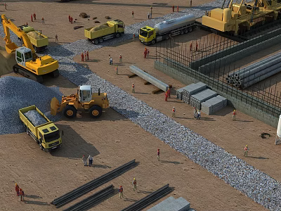 Busy Construction Site With Heavy Machinery Workers And Various Building Materials For Large Infrastructure Project 3d model