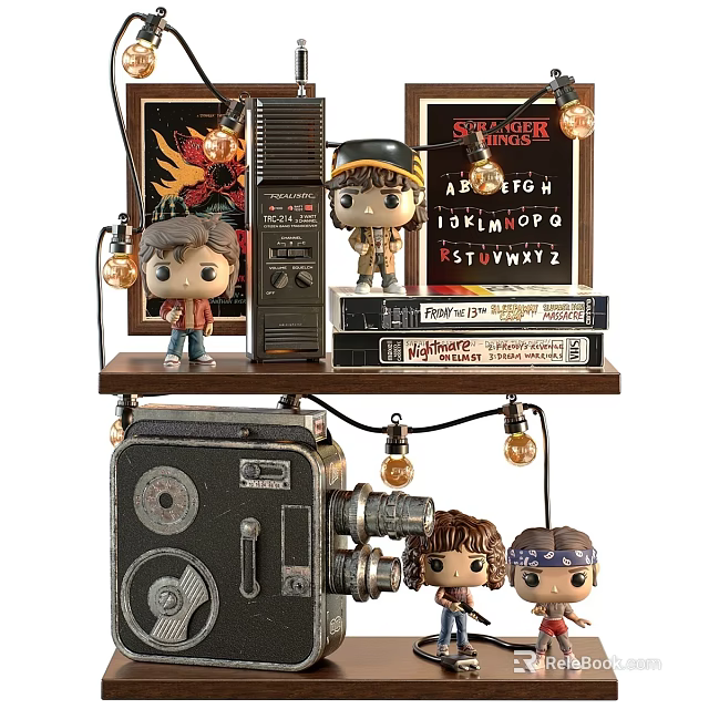 Vintage Decorative Ornament Set With Film Projector Figurines String Lights Posters And Books On Shelf 3d model 