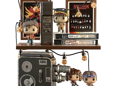 Vintage Decorative Ornament Set With Film Projector Figurines String Lights Posters And Books On Shelf 3d model
